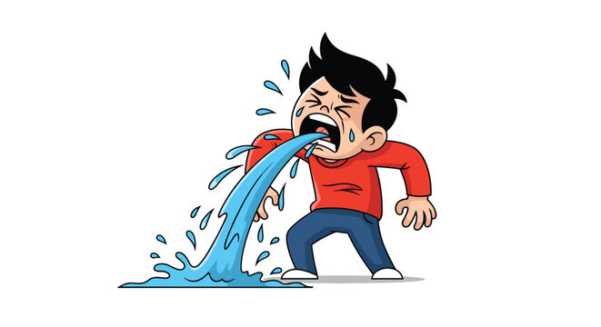 Emotional young boy in a red shirt crying uncontrollably with a large stream of blue tears splashing on the ground depicting sadness or a tantrum.