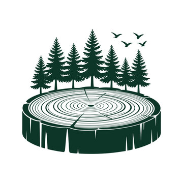 Tree stump and pine trees illustration on white background