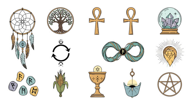 Comprehensive collection of mystical and occult symbols including a dreamcatcher, tree of life, ankh, runes, crystal ball, and a pentagram sign.