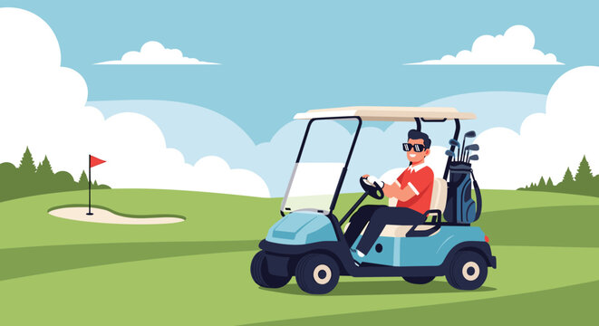 Happy man wearing sunglasses and a red shirt driving a blue golf cart on a green golf course with a flag and sand trap in the background.