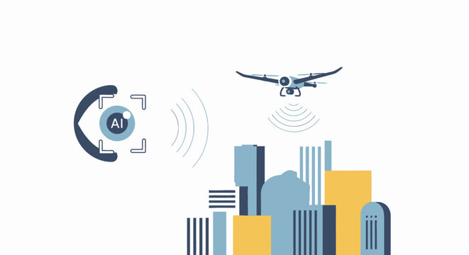Artificial Intelligence Computer Vision and Drone Surveillance Scanning Smart City Buildings Illustration