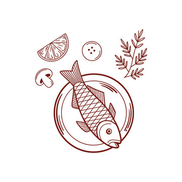 fish dish illustration with lemon mushroom and herbs