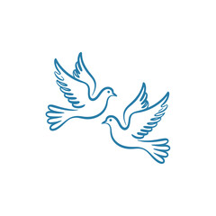 Obraz premium Two doves flying blue line drawing on white background