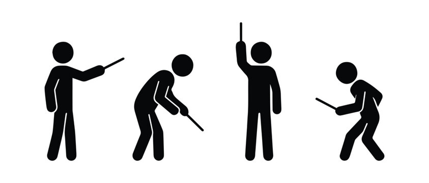 Vector stick figure set, simple flat black people in various poses with pointer stick, pointing, teaching, presenting, white background, minimal.