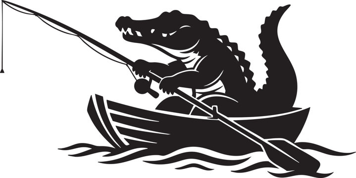 Black silhouette of a crocodile fishing from a boat on water