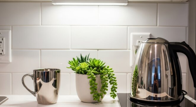 A small potted succulent plant on a kitchen counter with stainless steel appliances and white subway tile backsplash