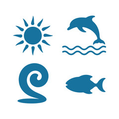 Fototapeta premium marine life icons set with sun dolphin swirl and fish