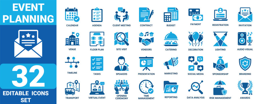 Event planning solid icon set editable vector illustration collection mega pack