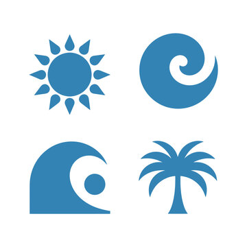 summer icons set with sun waves and palm tree flat vector
