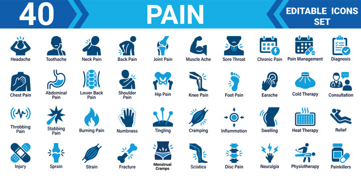Pain icon set 40 editable vector illustrations for healthcare medical designs