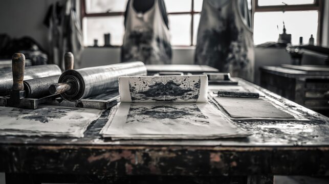 Artistic Printing Studio with Tools and Materials