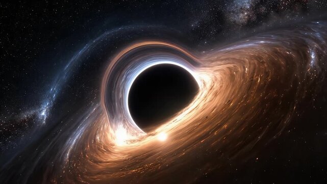 Black hole, space and accretion disk in deep universe with gravitational lensing for astronomy research, science education and cinematic background. Cosmos, nebula and stars with singularity and even