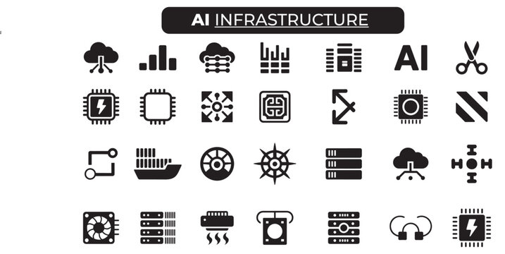 AI infrastructure icon set representing tech cloud server and computing systems