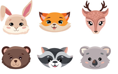 Fototapeta premium Cute Forest Animals Cartoon Faces Vector Set with Rabbit Fox Deer Bear Raccoon and Koala Head Avatars for Kids Nursery Illustration Designs