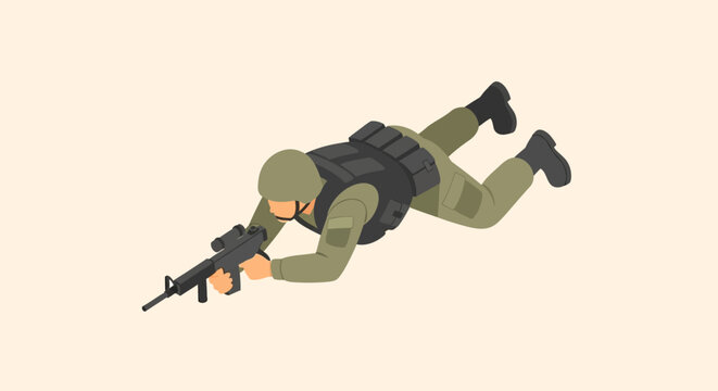 Soldier crawling with rifle, tactical gear, military action, low profile stance