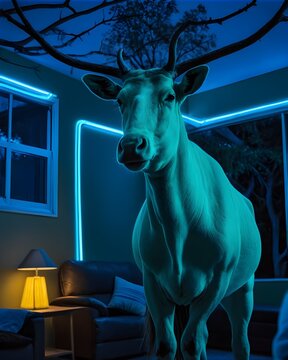 A takin  cow genetic hybrid fantasy animal, fictional species ,in a living room