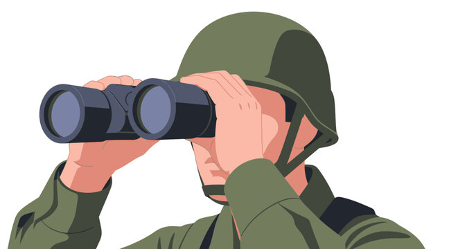 Soldier with binoculars looking through scope, military surveillance, observation, scouting