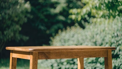Fototapeta premium Blurred Garden Background with Wooden Desk for Product Presentation