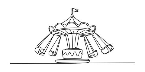 Continuous single line drawing of a swing ride carnival carousel attraction for amusement park fun activity sketch in a minimal black and white style Vector, illustration © Single Line 2019