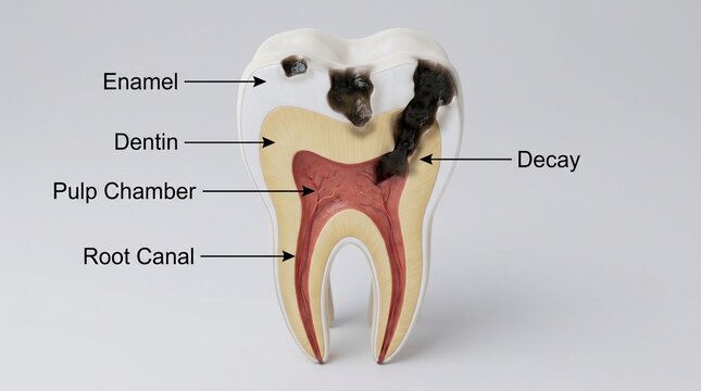 Dental Decay Diagram: A cross-section of a human tooth illustrating enamel damage, dentin decay, pulp chamber infection, and root canal issues.