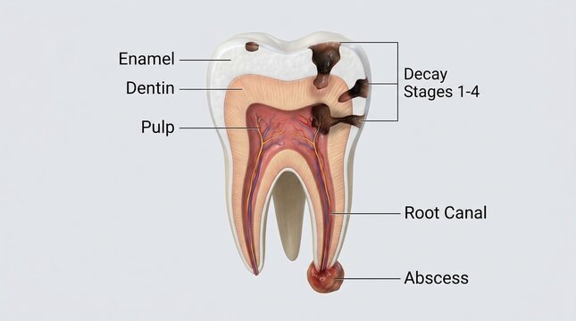 Tooth Decay Cross-section: A detailed anatomical illustration of a human tooth, showcasing the progressive stages of decay from enamel to pulp, and highlighting a root canal treatment and abscess.