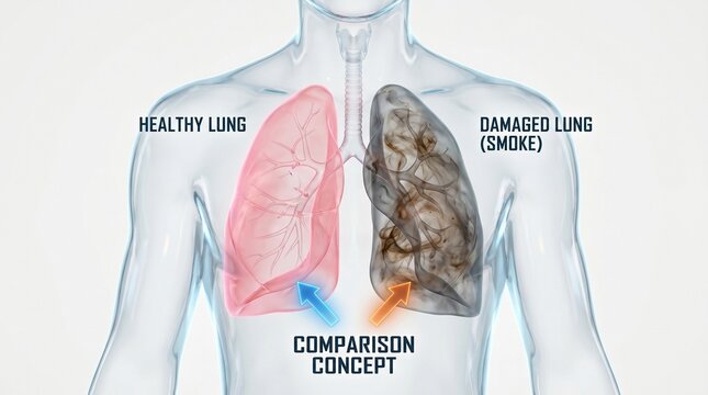 Healthy vs Damaged Lung: A graphic illustration depicts a comparison between a healthy pink lung and a damaged, smoke-filled lung, highlighting the detrimental effects of smoking.