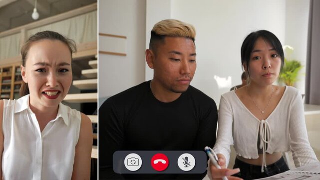 Two friends share an online call while showing different emotions. One friend reacts with sadness while the other appears frustrated. Their feelings shift throughout.
