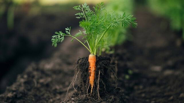 Young carrot seedling sprouting from dark fertile soil in natural sunlight