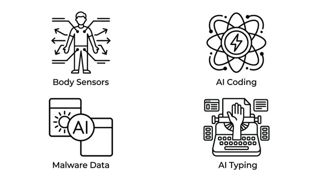 Vector graphic illustration Black and white AI technology icons set