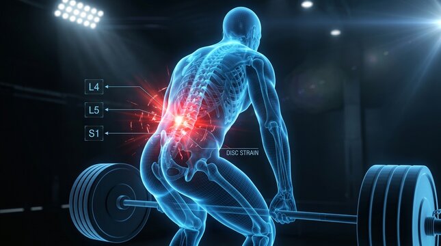 Lumbar Spine Pain During Weightlifting: A 3D anatomical representation shows a weightlifter experiencing acute lumbar spine pain, highlighted in red, as they lift a heavy barbell.