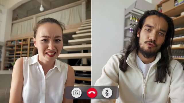 Two young people are on a split screen during a call. One shows frustration while the other displays confusion and disbelief. They express their emotions clearly.