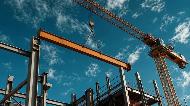 Construction, crane and steel beam on site for building project, urban development and civil engineering. Industrial, heavy machinery and framework with lifting, structure and metal for city growth