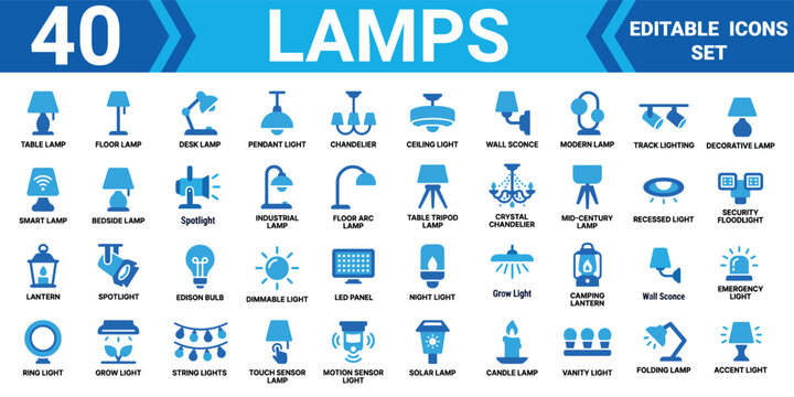 40 lamps editable vector icons set solid icon collection mega pack