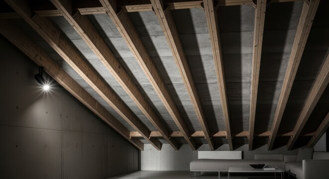 Exposed concrete ceiling with visible wooden beams and formwork patterns in industrial interior architecture