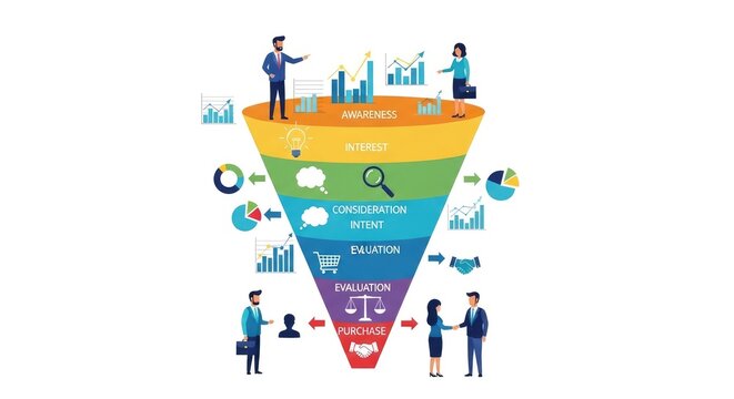 Sales funnel diagram with stages, and people marketing funnel conversion funnel