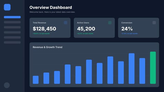 Modern digital dashboard displaying business analytics and financial reporting with revenue growth trends and user metrics on a sleek dark mode user interface for data management