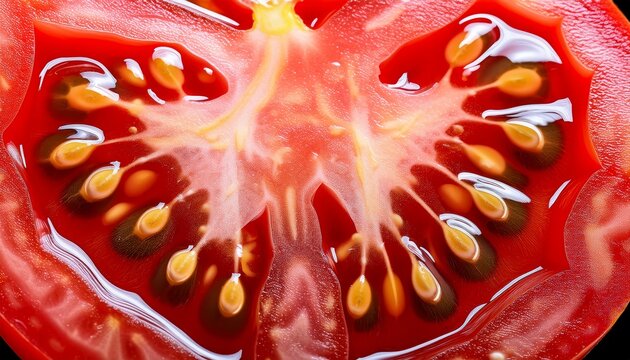 a close up view of a juicy tomato slice showcasing the vibrant red flesh and the interior seeds providing a detailed texture and composition