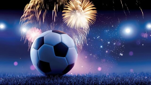 Soccer Ball on Stadium Field with Fireworks in Background, Cinematic Football Championship Celebration Animation with Dramatic Lights and Sports Victory Atmosphere