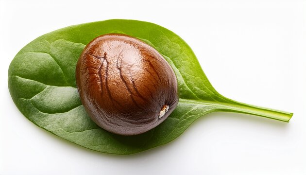 fresh spinach leaf with a single brown fruit isolated