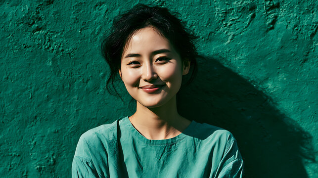 Smiling young woman's natural beauty captured in a vibrant close-up portrait with a green background
