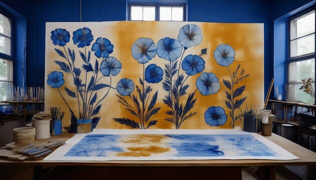 abstract traditional floral cyanotype print in a workshop generative ai ai