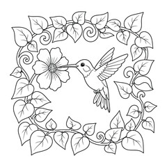 Naklejka premium Hummingbird feeding from a hibiscus bloom inside a square ivy leaf vine frame coloring page