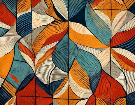 textured wallpaper pattern in organic geometric style with random pantone colors and white lines reminiscent of japanese bohemian nordic boho woodblock prints