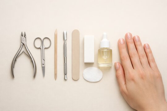Nail Care Collection Arranged On Soft Surface. An Assortment Of Manicure Instruments And Nail Accessories Neatly Arranged On Cozy Background For Beauty Sessions