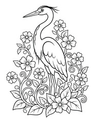 Naklejka premium Crane standing tall among decorative scrolling vines abundant flowers and large leaves for a coloring page