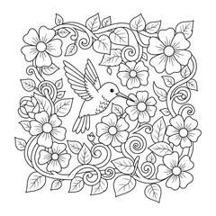 Fototapeta premium Hummingbird hovering among densely packed five petal blooms and scrolling vines in a square coloring page
