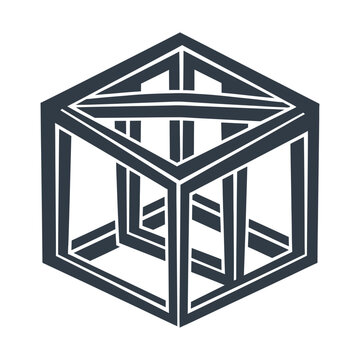 Impossible cube optical illusion, geometric line art vector, abstract 3D wireframe paradox, minimalist logo icon