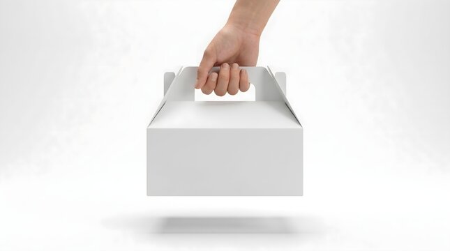 Plain white gable carrier box mockup held front view with clean copy space