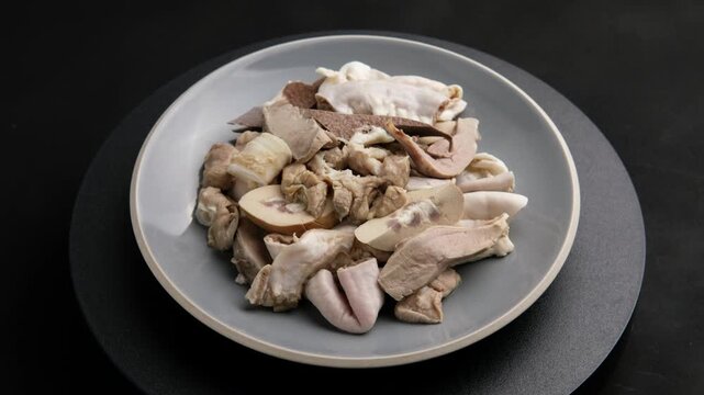 Pork Giblets or Pig Offal in a plate.Boiled Mixed Pork Offal ,Intestines ,Guts ,Chitterlings ,Heart ,Kidney ,Liver ,Spleen and Lung.