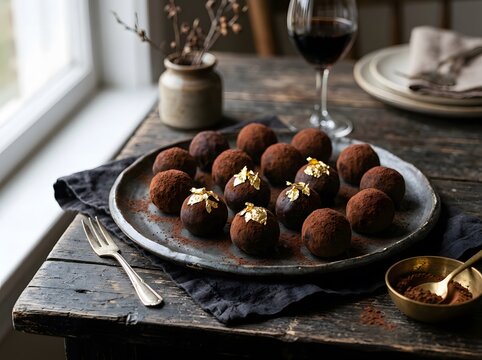Chocolate truffles with gold leaf on a rustic wooden table